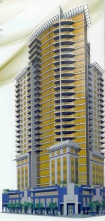 A tall building with yellow and grey trim.